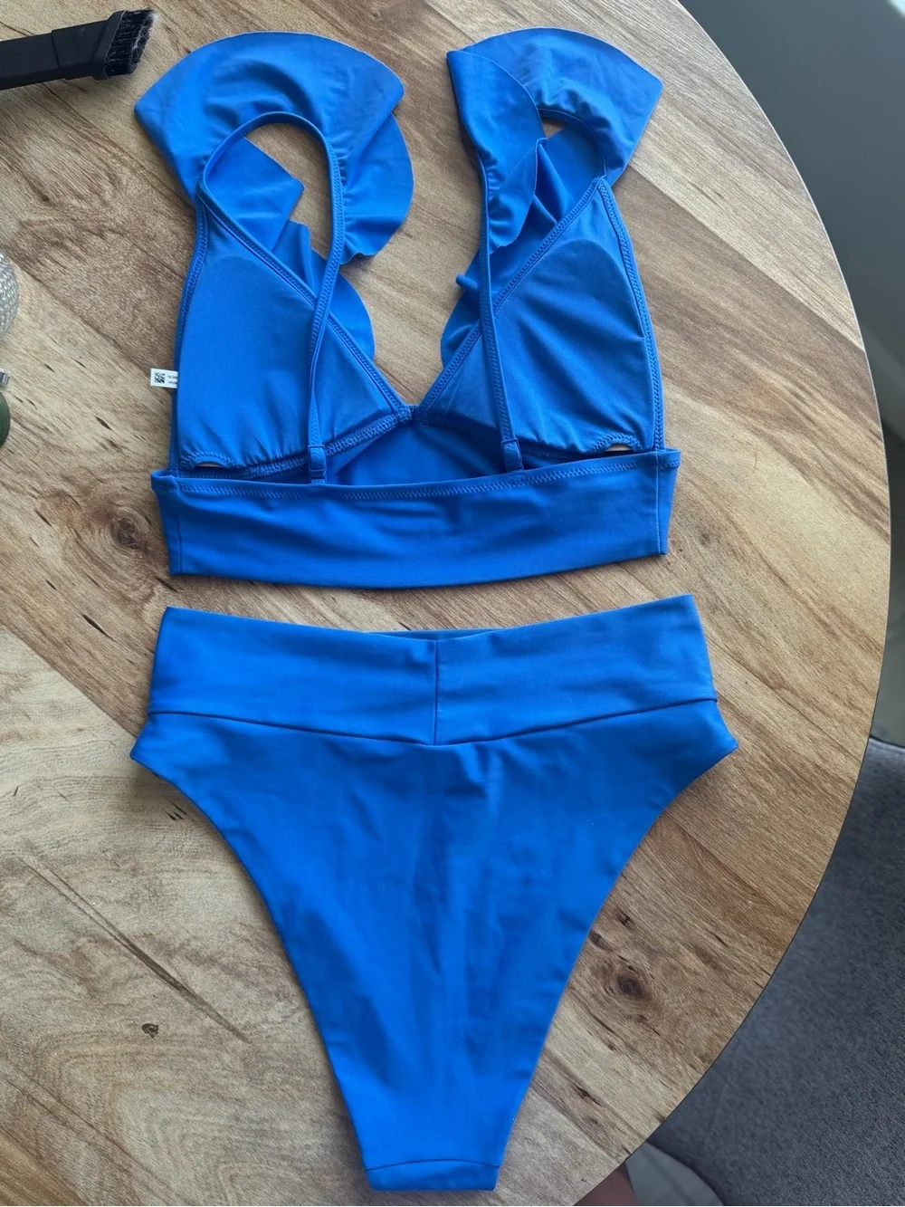 Aerie Ruffled Strap High Waisted Two-Piece Bikini Set - Cobalt Blue - Picture 2 of 4